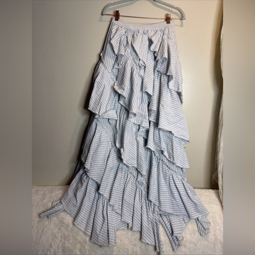 Free People Rock The Runway Maxi Skirt Tiered Ruffled Blue & White Striped - Picture 5 of 9